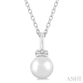 6 MM Round Shape Cultured Pearl and 1/20 ctw Petite Round Cut Diamond Crown Fashion Pendant With Chain in 10K White Gold