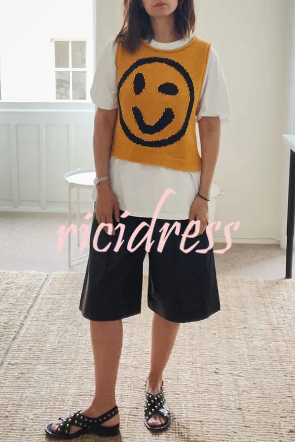 Always Happy Face Knit Unique Pattern Versatile Loose Tank Top
