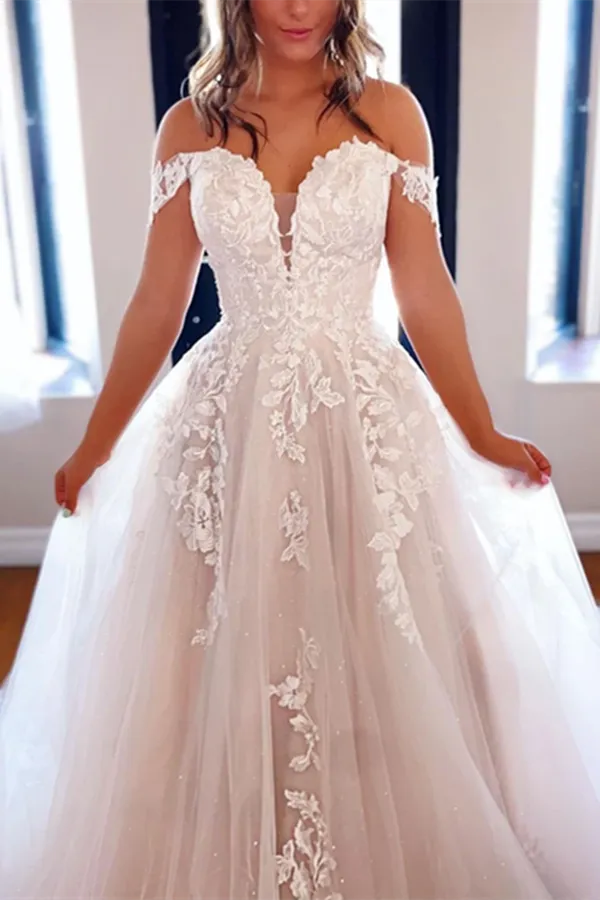 Anneprom Chic A line Off the shoulder Wedding Dress Tulle Applique Bridal Formal Dresses APW0386