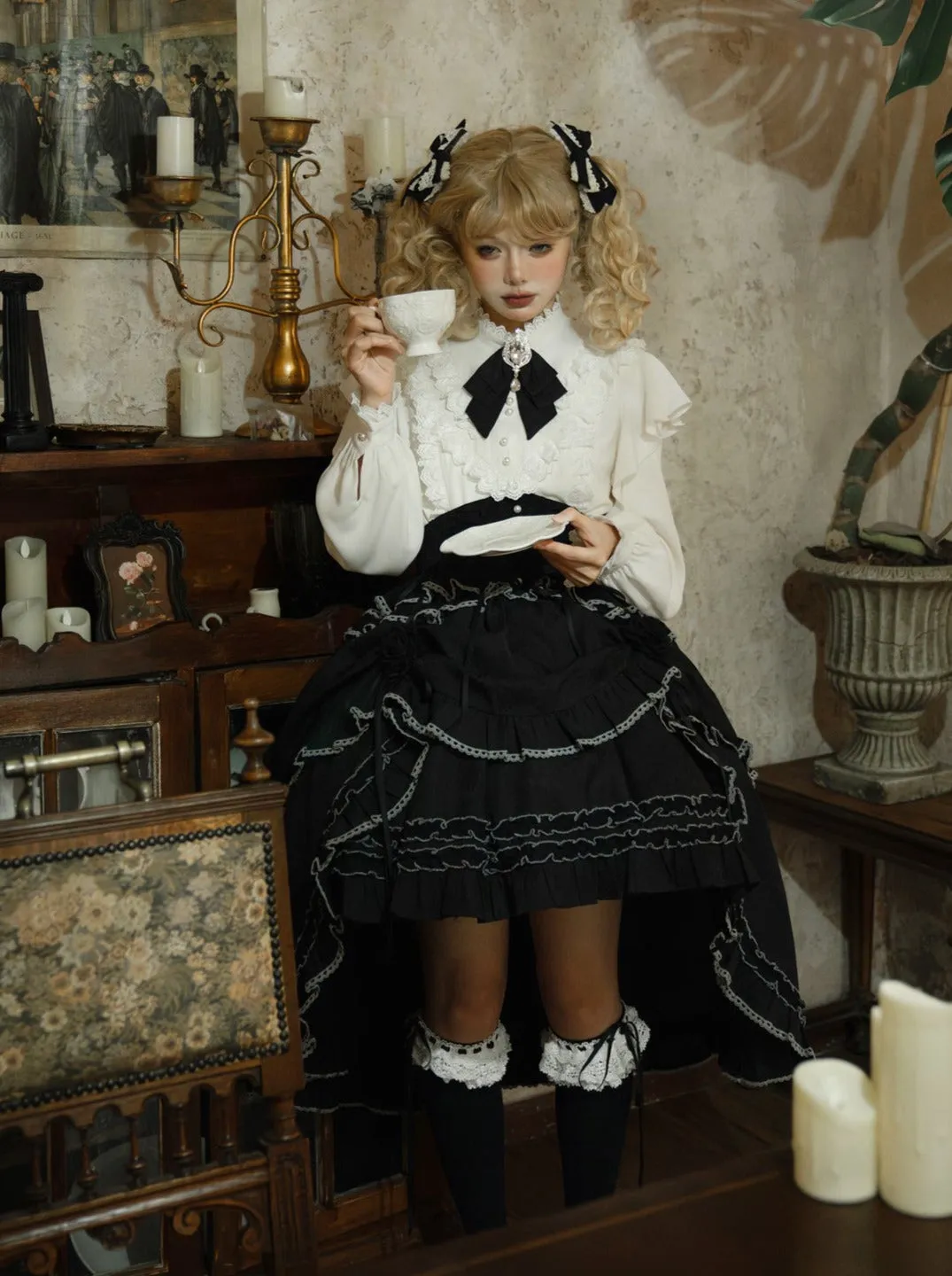 Asymmetrical Skirt Elegant Frilled Flared Blouse