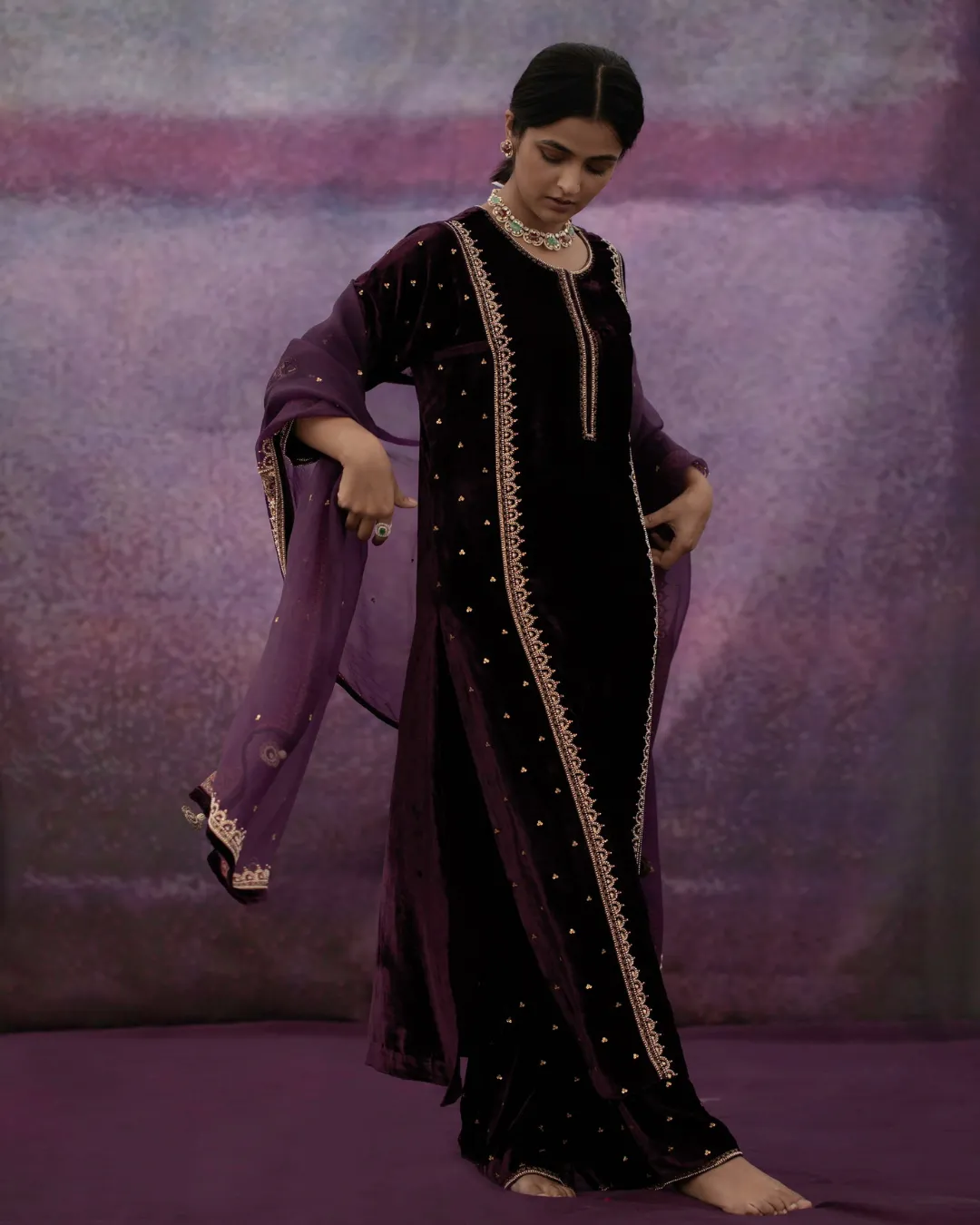 Aubergine Long Velvet Kurta Set