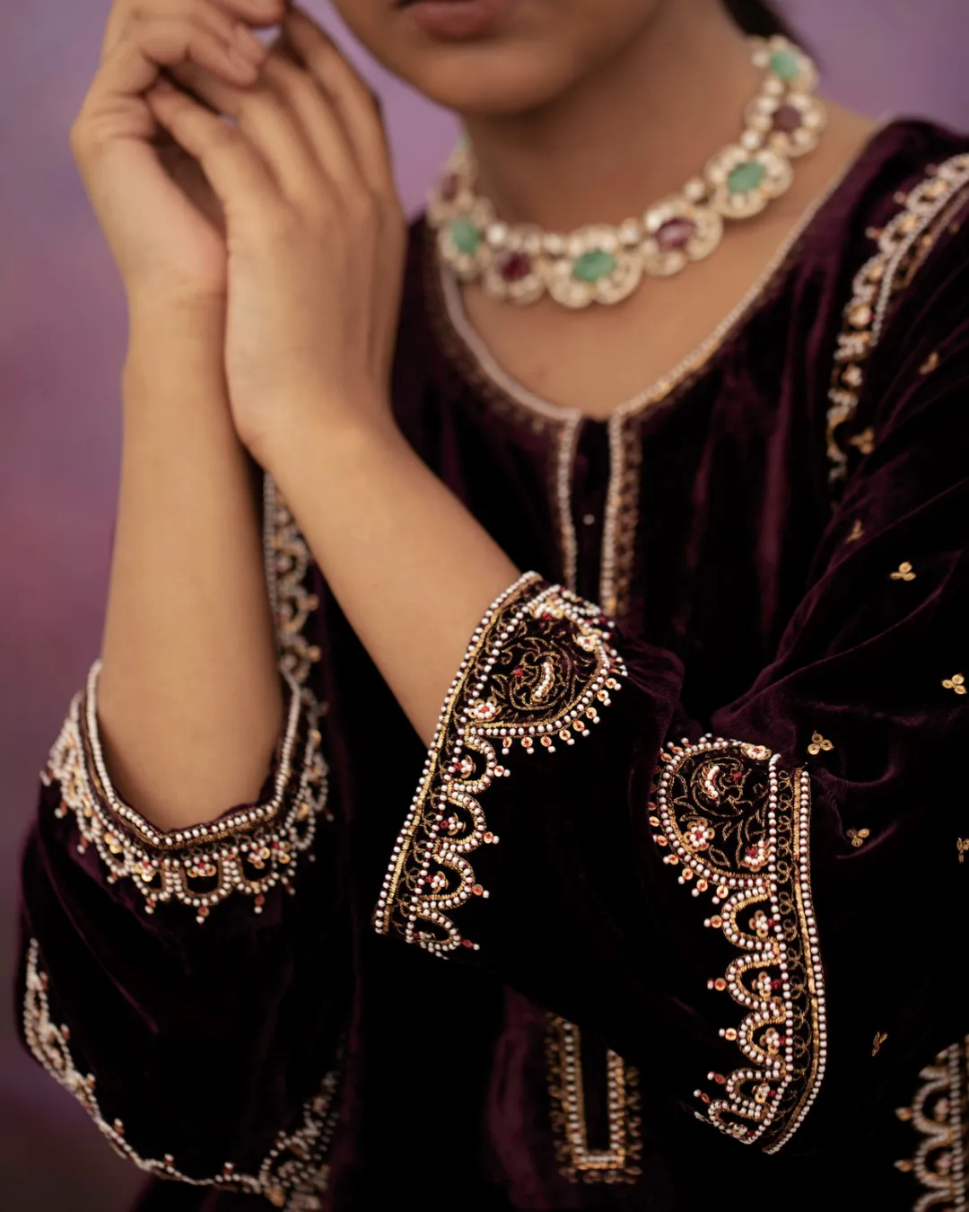 Aubergine Long Velvet Kurta Set