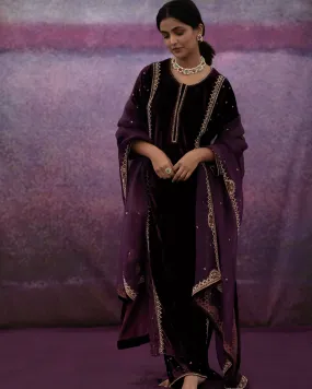 Aubergine Long Velvet Kurta Set