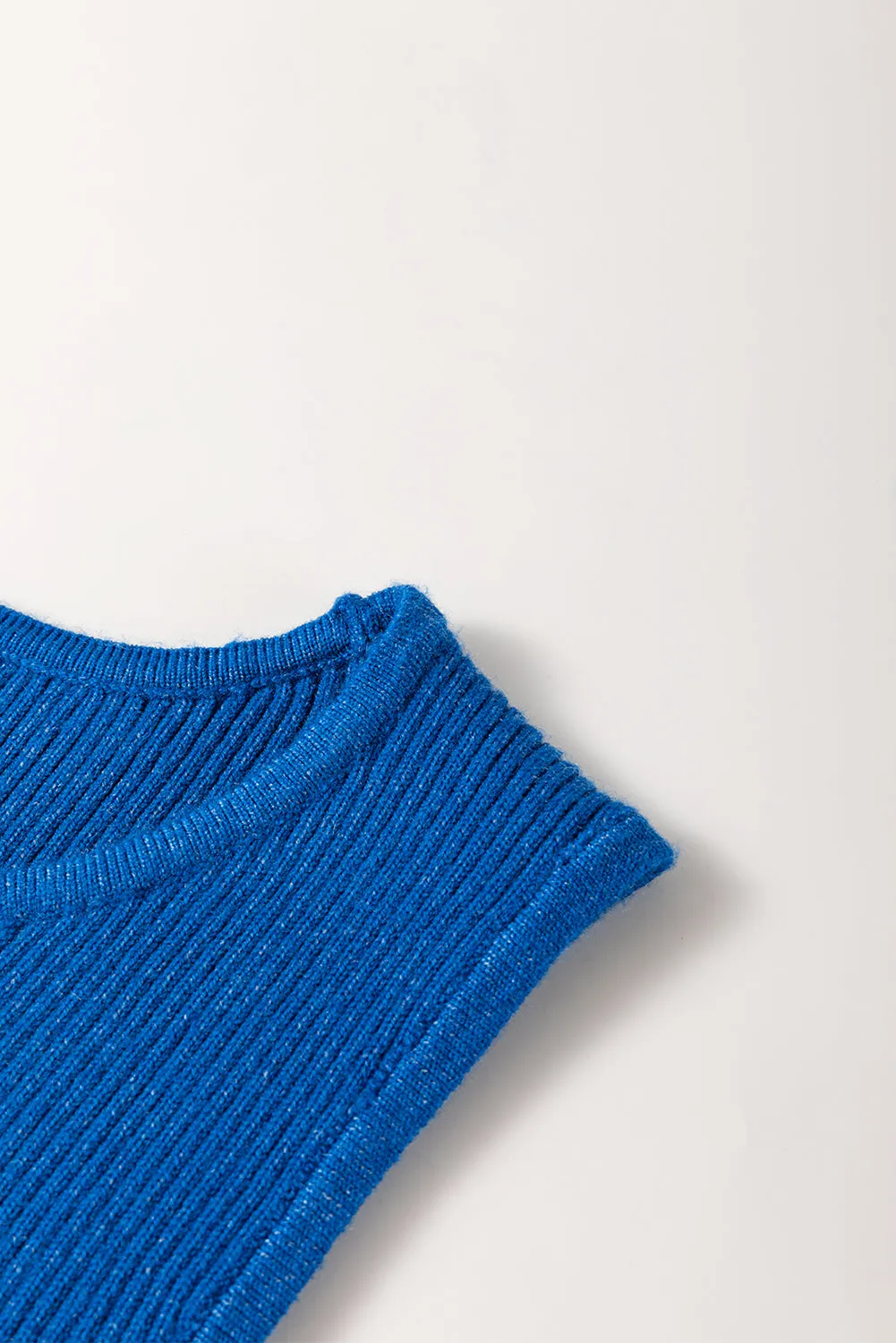 Dark Blue Solid Ribbed Knit Sheath Sleeveless Midi Sweater Dress