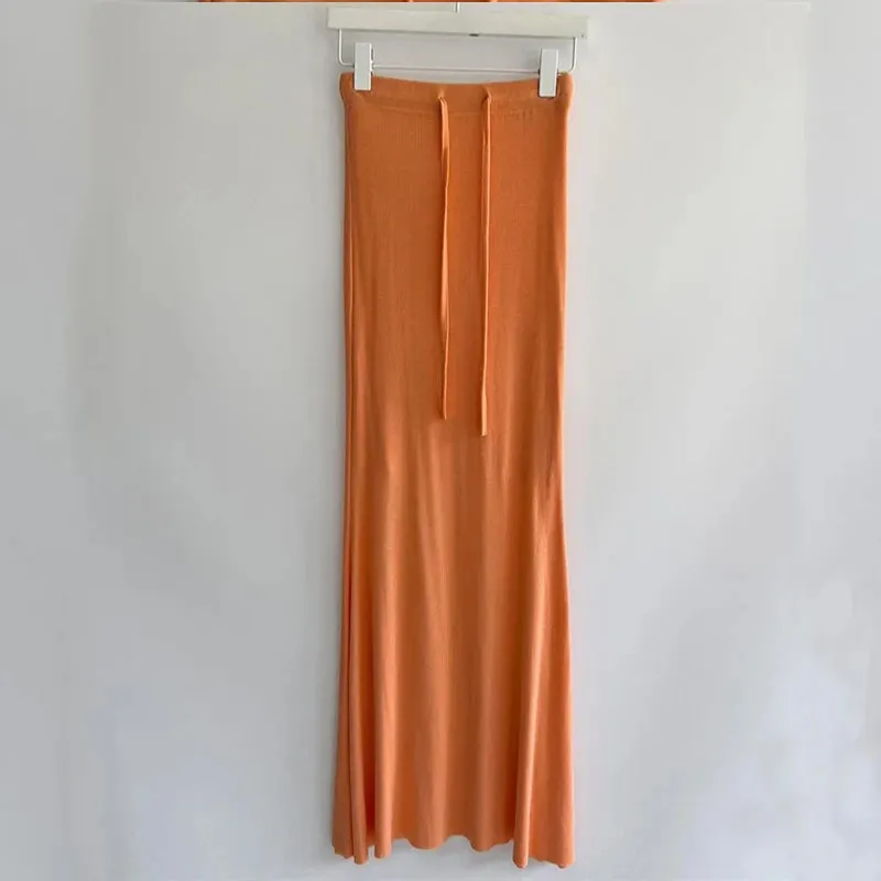 Drawstring Orange Vintage High Waist Maxi Sexy Tight Elegant Skirt