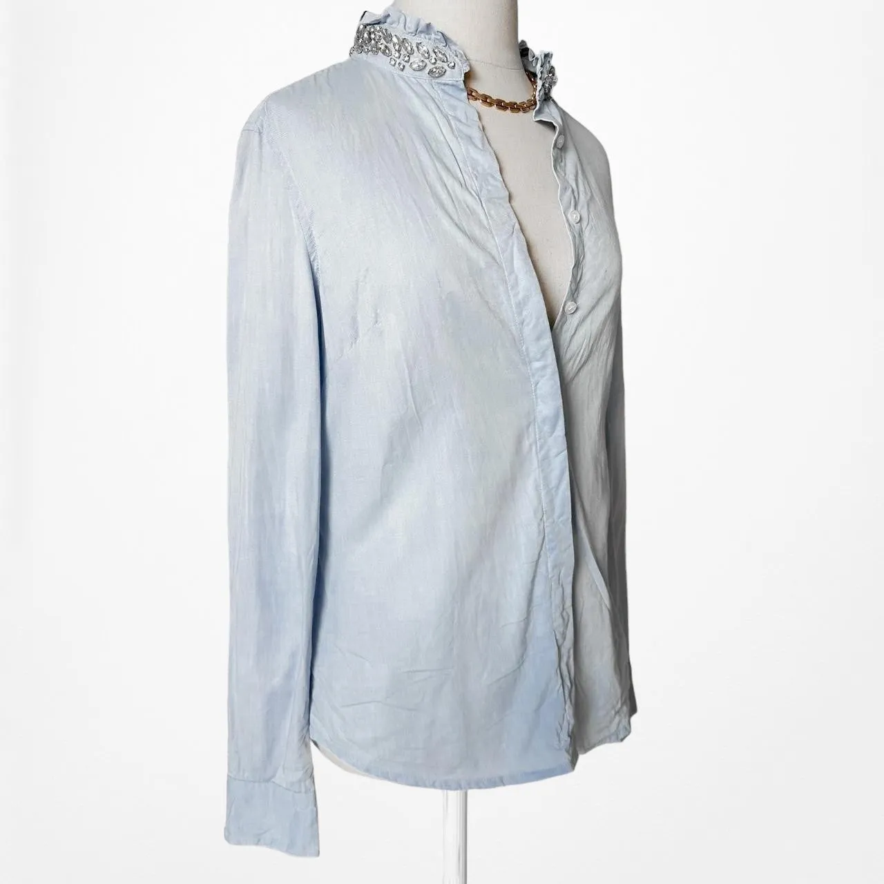 Elle Blue Rhinestone Embellished Button Down Shirt Size 6/S/M