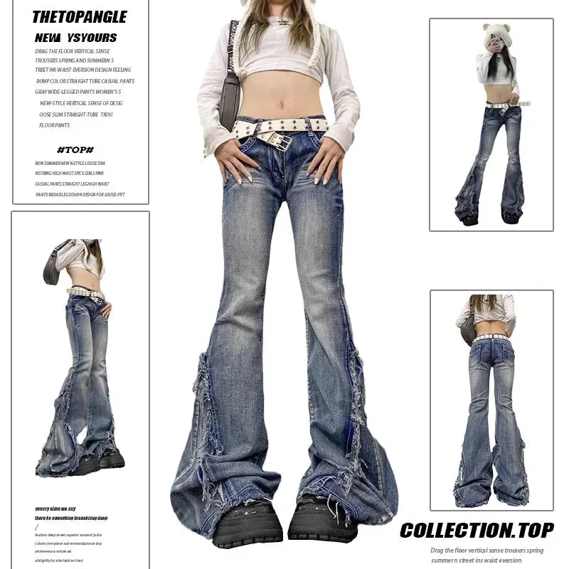 Flared Jeans mit rohem Saum Patchwork-Design für den trendigen Y2K look
