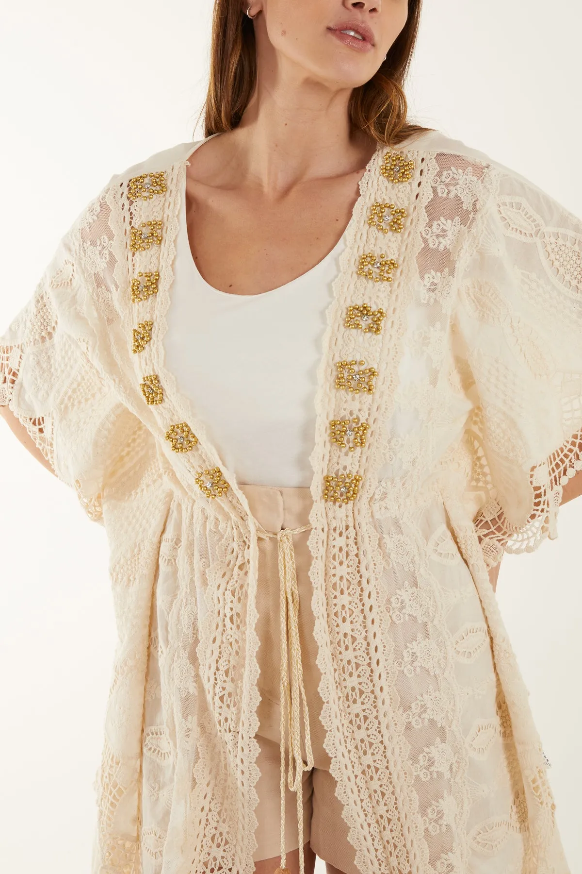 Gold Embellished Crochet Kimono