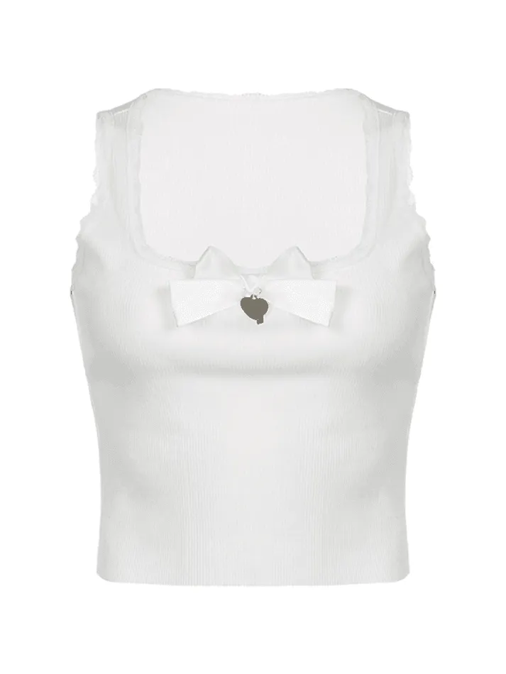 Lace Trim Bow White Tank Top