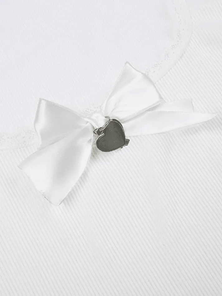Lace Trim Bow White Tank Top