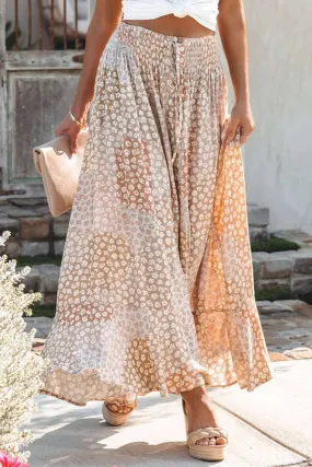 LILA Boho Flower Print Smocked Waist Button Slit Maxi Skirt