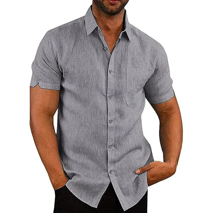 Mens Button Down Short Sleeve Linen Shirts