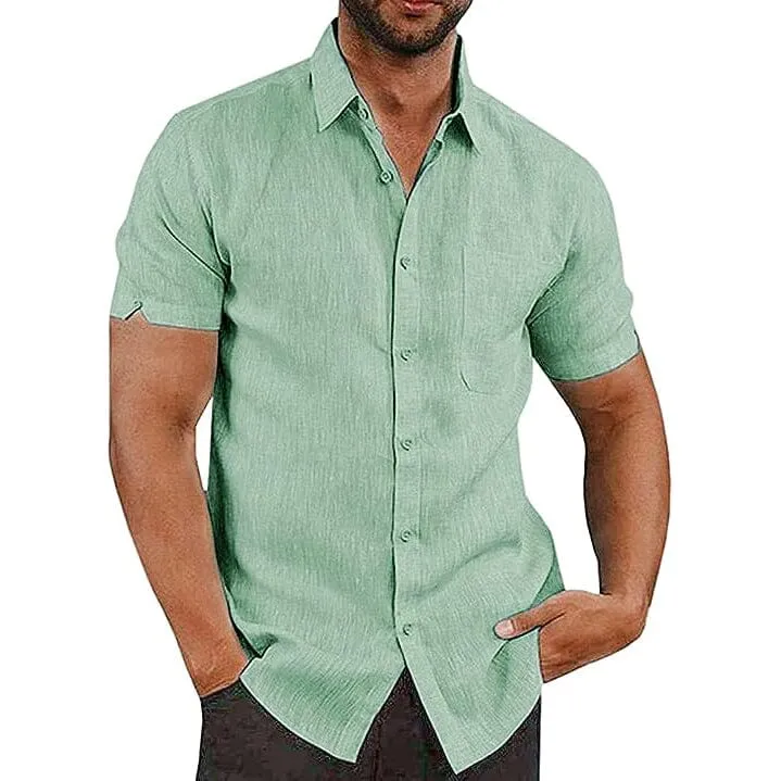 Mens Button Down Short Sleeve Linen Shirts