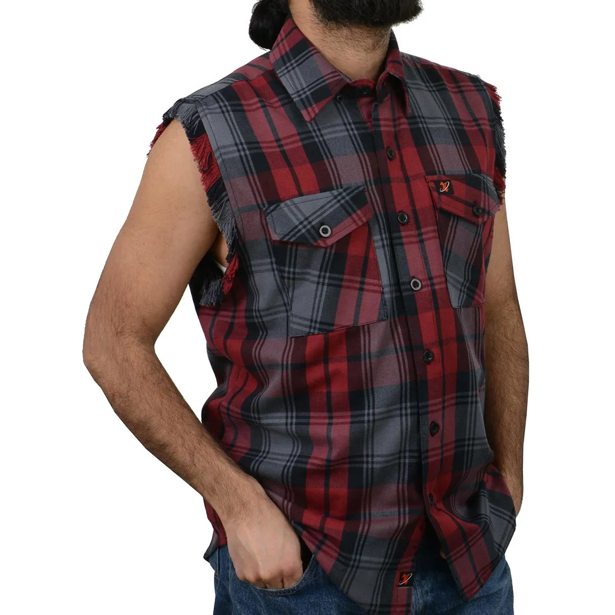 Milwaukee Leather MNG11696 Mens Black and Grey with Red Cut Off Flannel Shirt