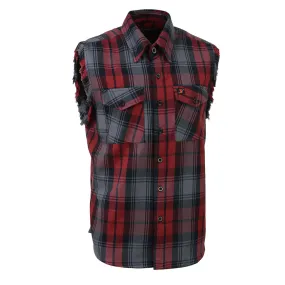 Milwaukee Leather MNG11696 Mens Black and Grey with Red Cut Off Flannel Shirt