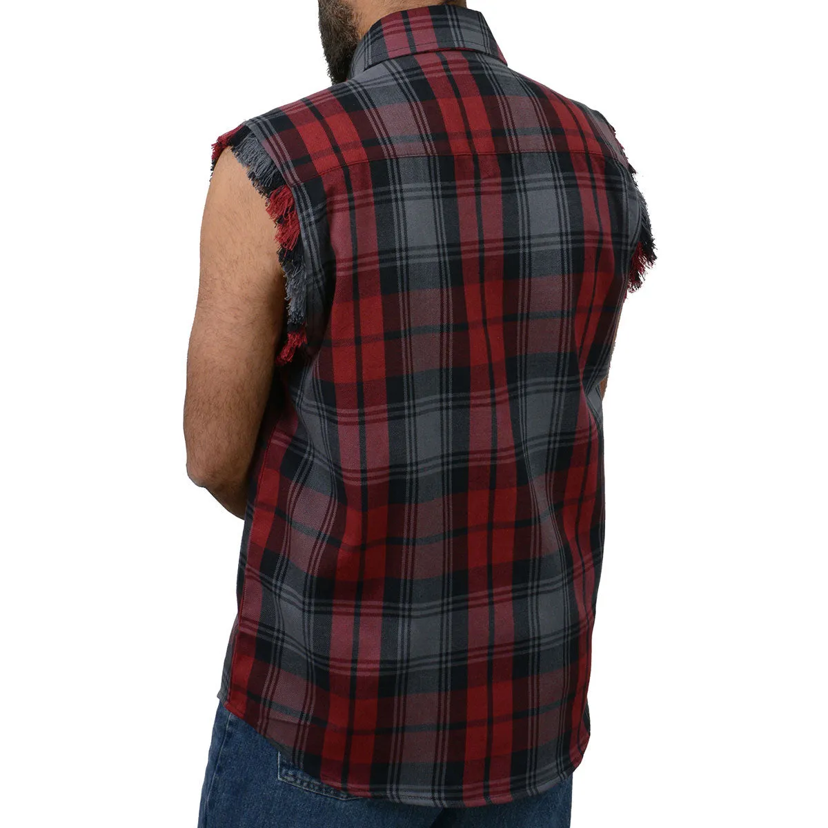 Milwaukee Leather MNG11696 Mens Black and Grey with Red Cut Off Flannel Shirt