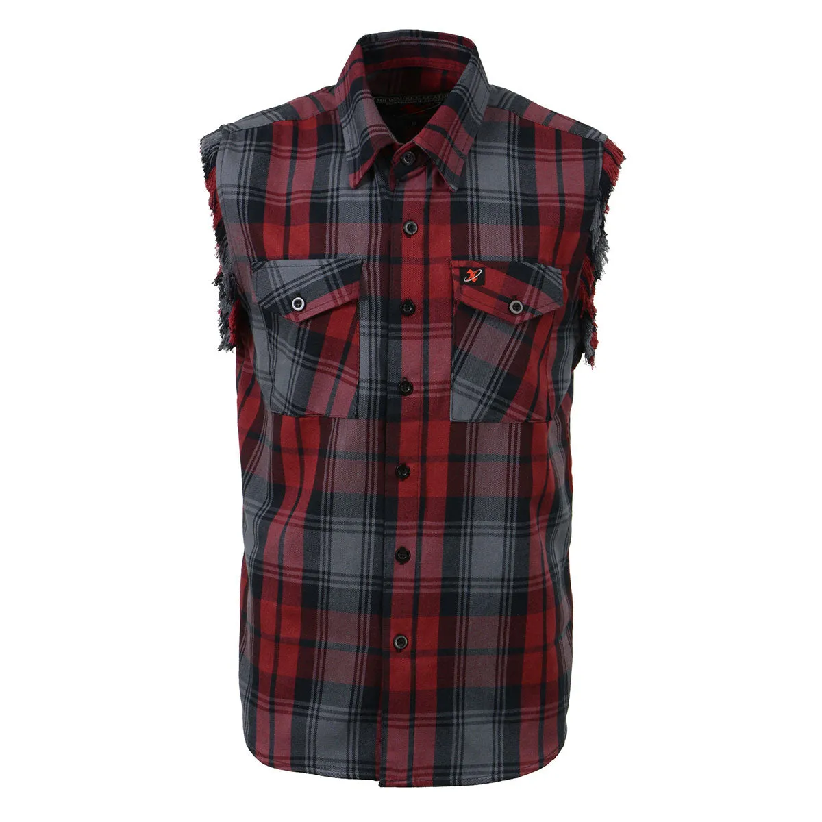 Milwaukee Leather MNG11696 Mens Black and Grey with Red Cut Off Flannel Shirt