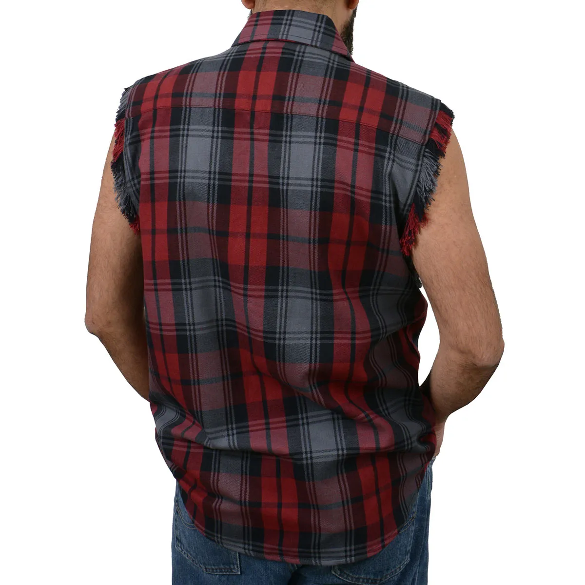 Milwaukee Leather MNG11696 Mens Black and Grey with Red Cut Off Flannel Shirt