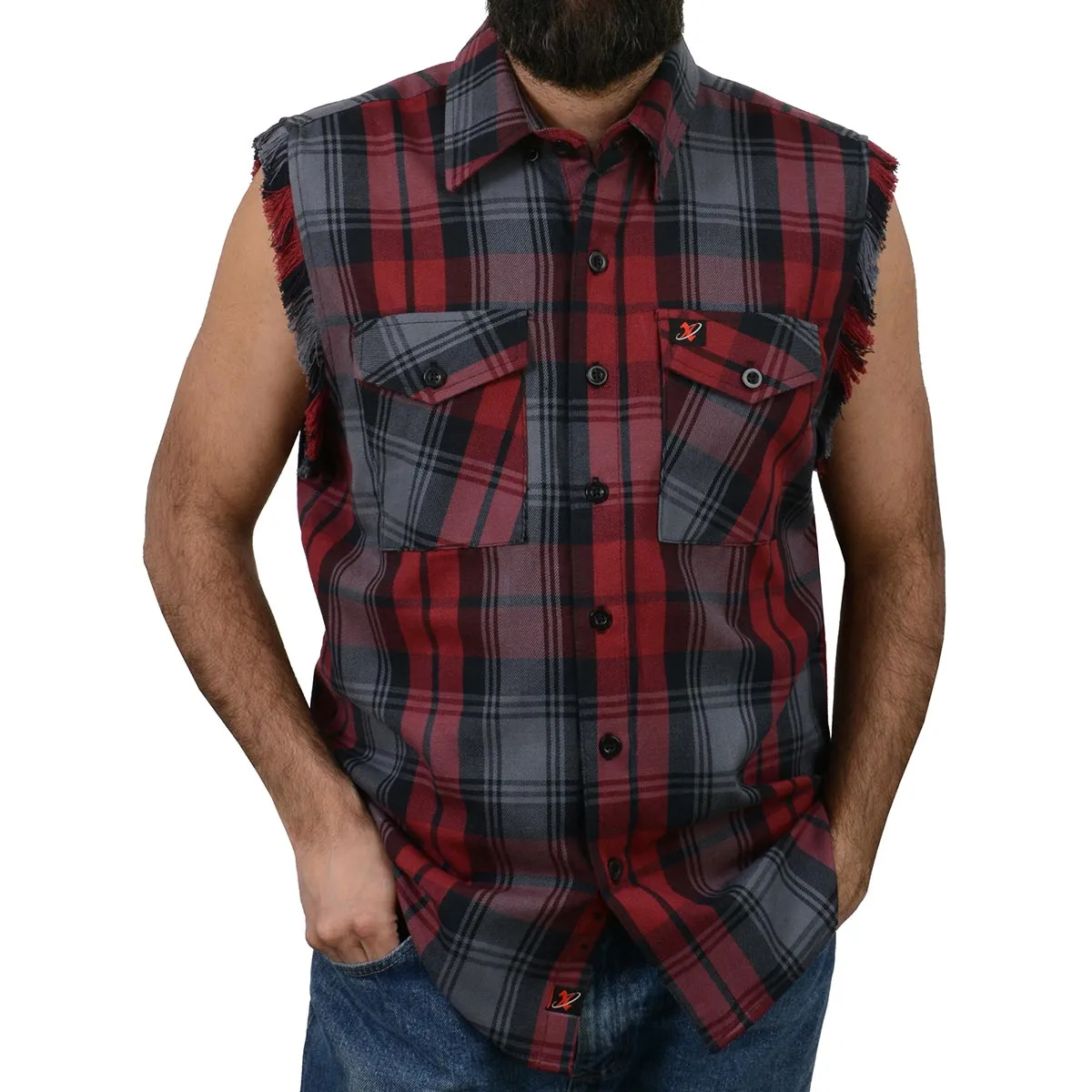 Milwaukee Leather MNG11696 Mens Black and Grey with Red Cut Off Flannel Shirt
