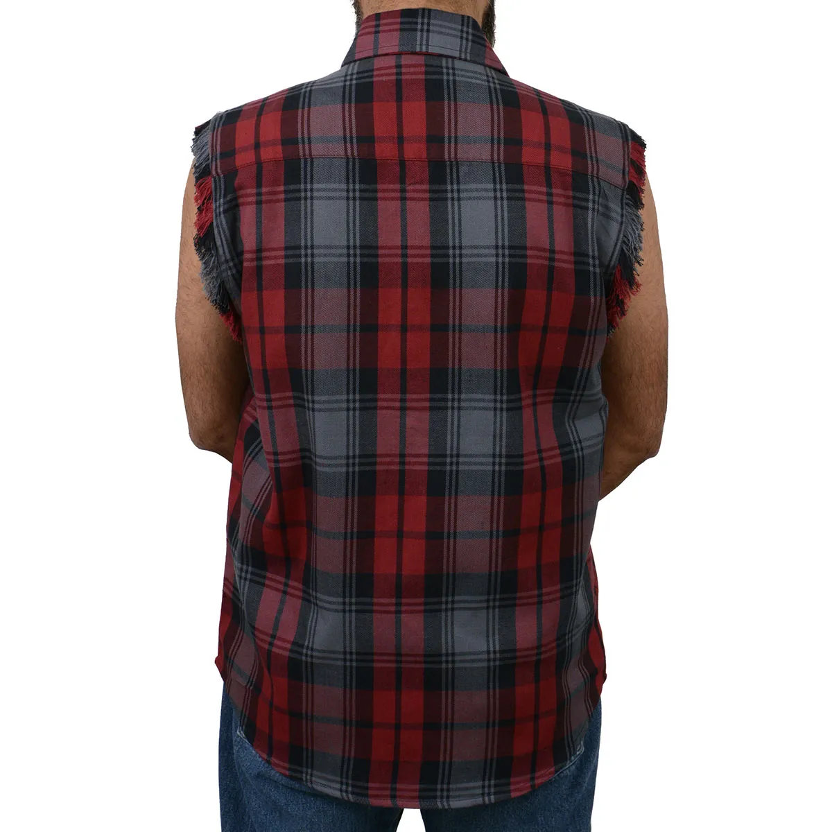 Milwaukee Leather MNG11696 Mens Black and Grey with Red Cut Off Flannel Shirt