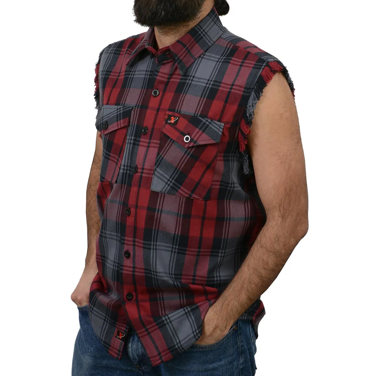 Milwaukee Leather MNG11696 Mens Black and Grey with Red Cut Off Flannel Shirt
