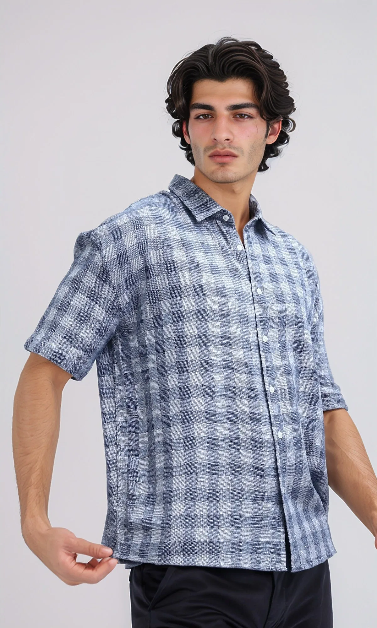 O192130 - Grey & Navy Short Sleeves Casual Plaids Shirt