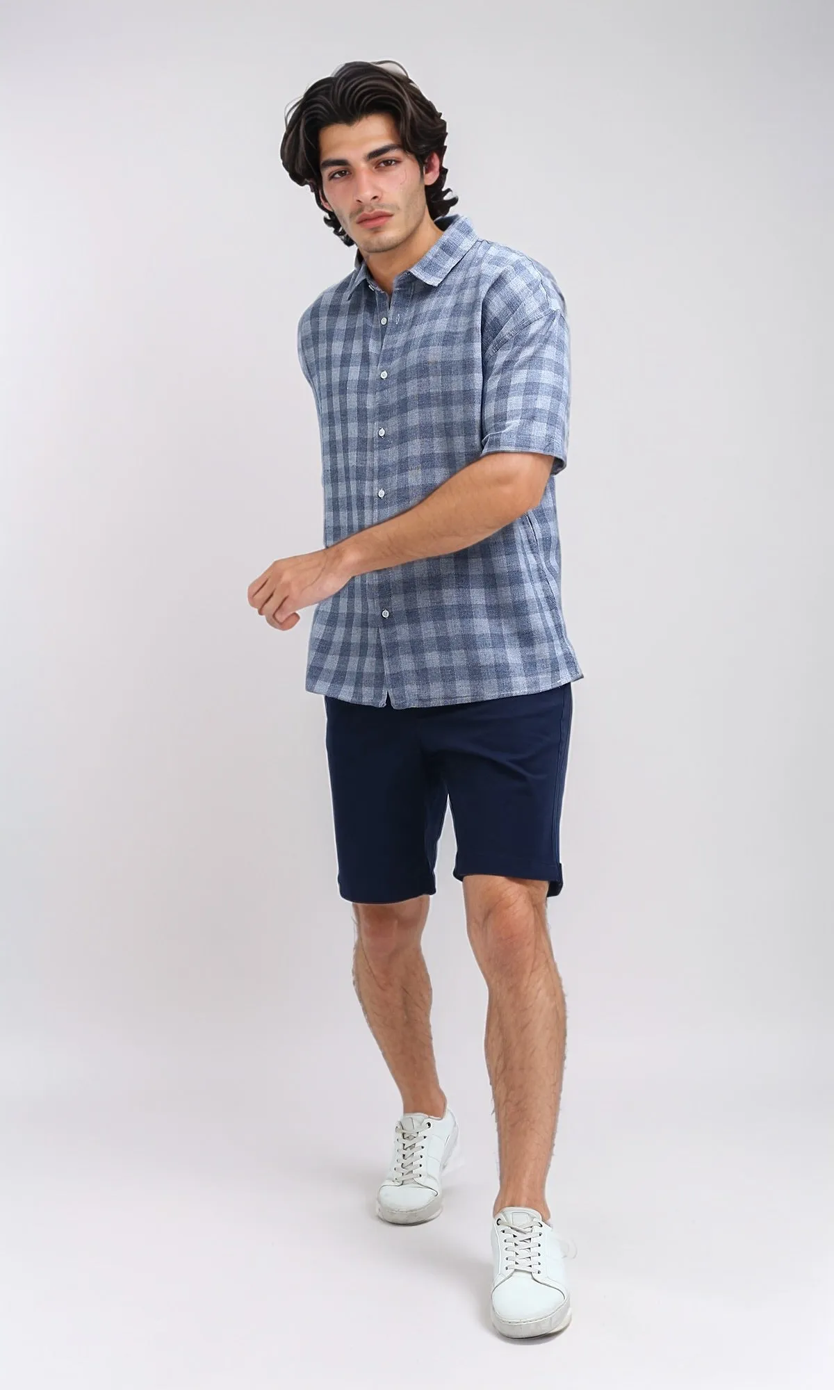 O192130 - Grey & Navy Short Sleeves Casual Plaids Shirt