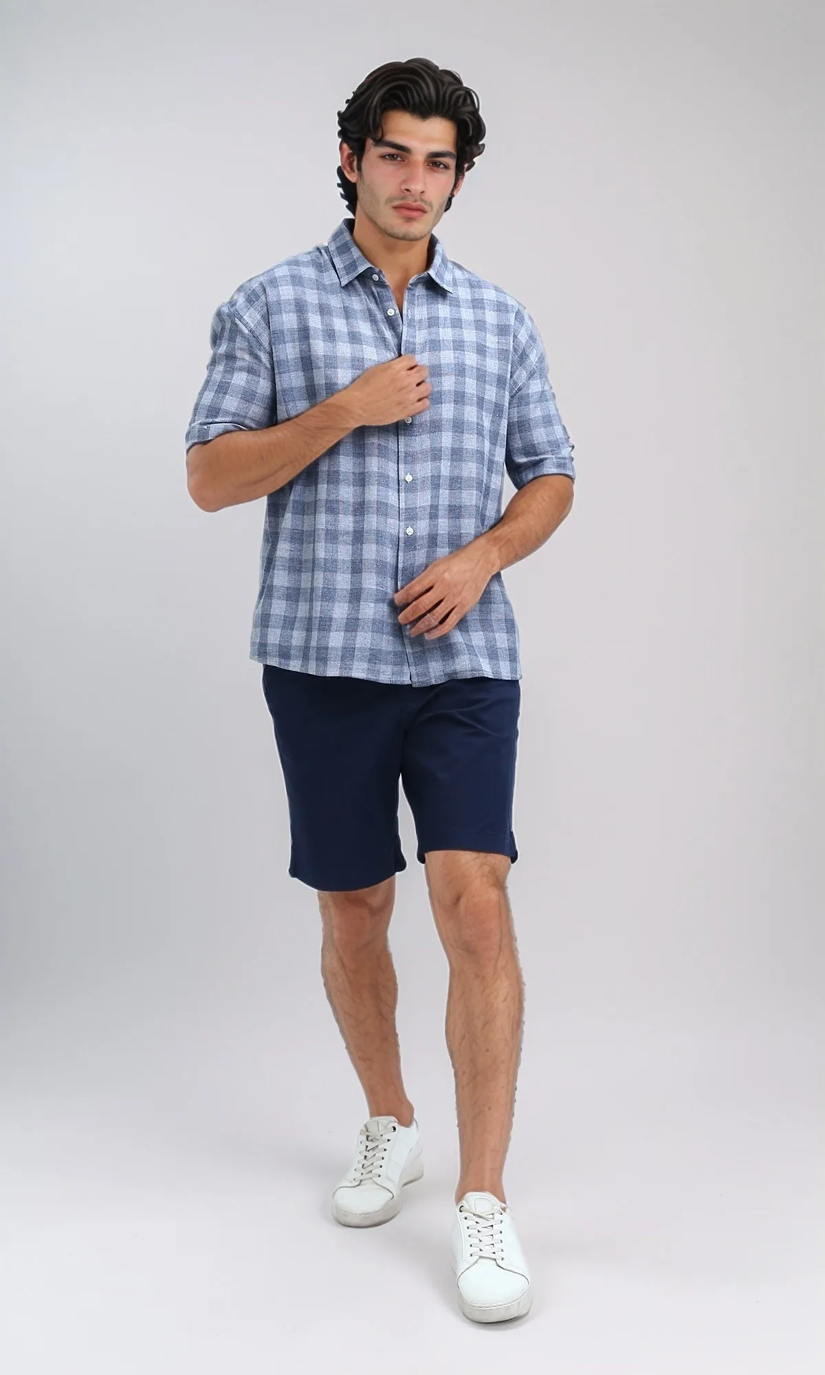 O192130 - Grey & Navy Short Sleeves Casual Plaids Shirt