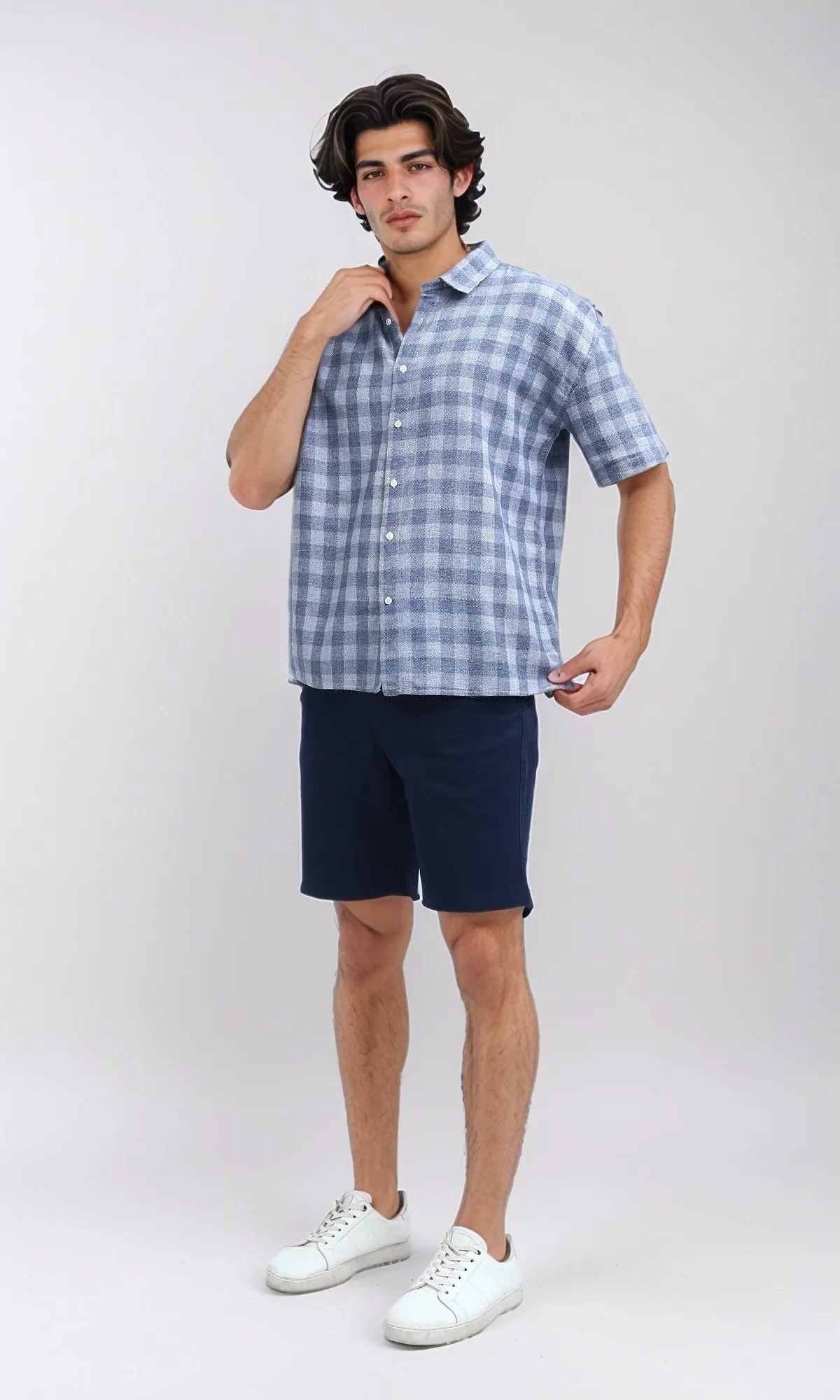 O192130 - Grey & Navy Short Sleeves Casual Plaids Shirt