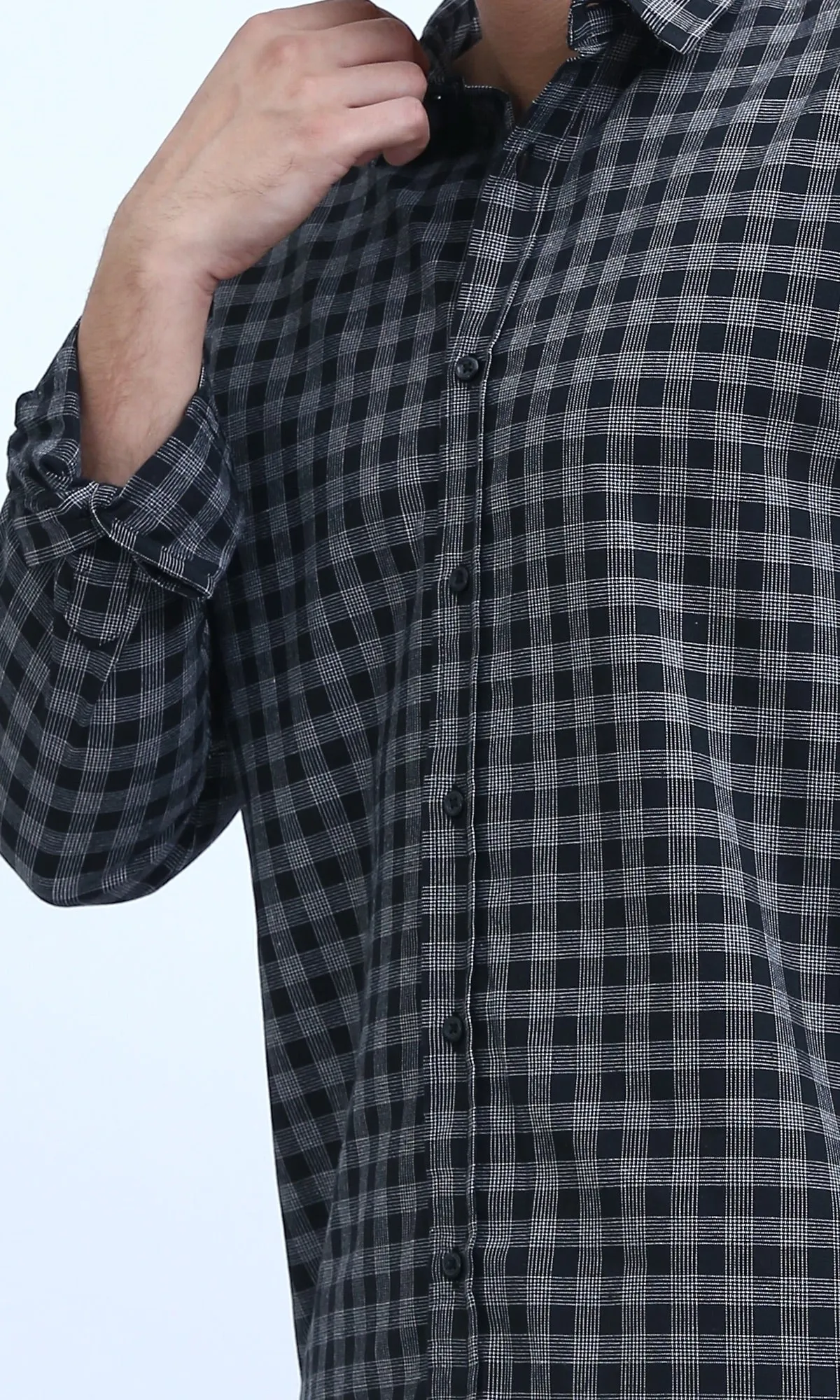 O192132 - Turn Down Collar Plaids Black & White Buttoned Shirt