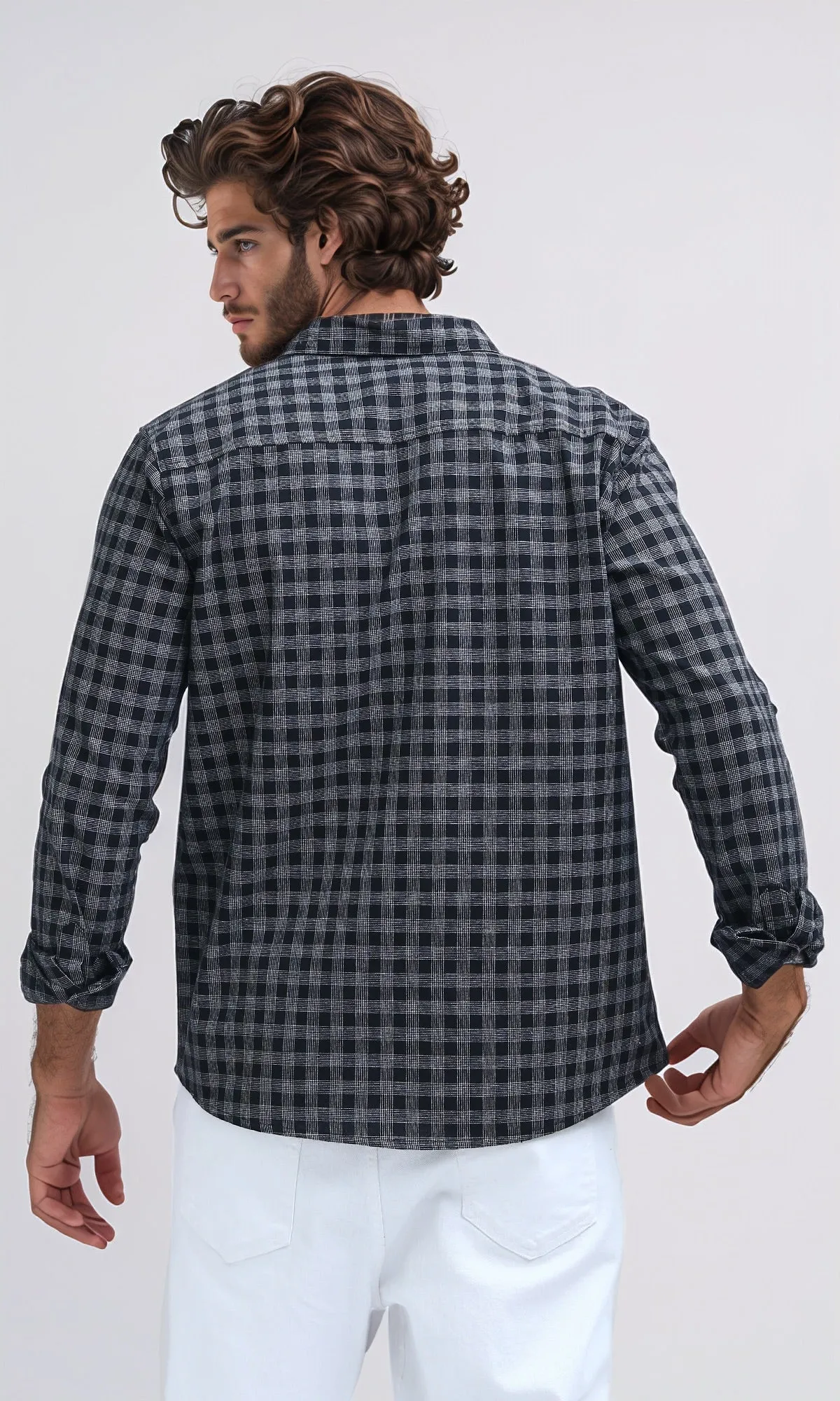 O192132 - Turn Down Collar Plaids Black & White Buttoned Shirt