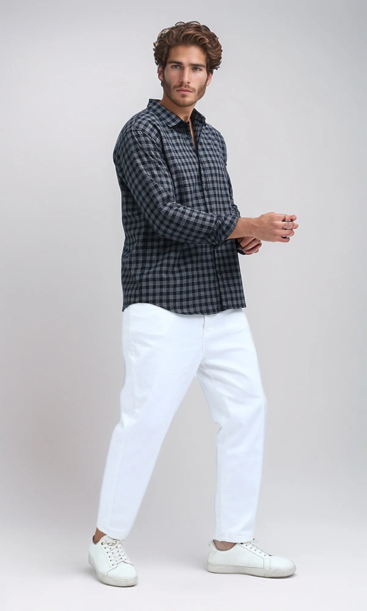 O192132 - Turn Down Collar Plaids Black & White Buttoned Shirt