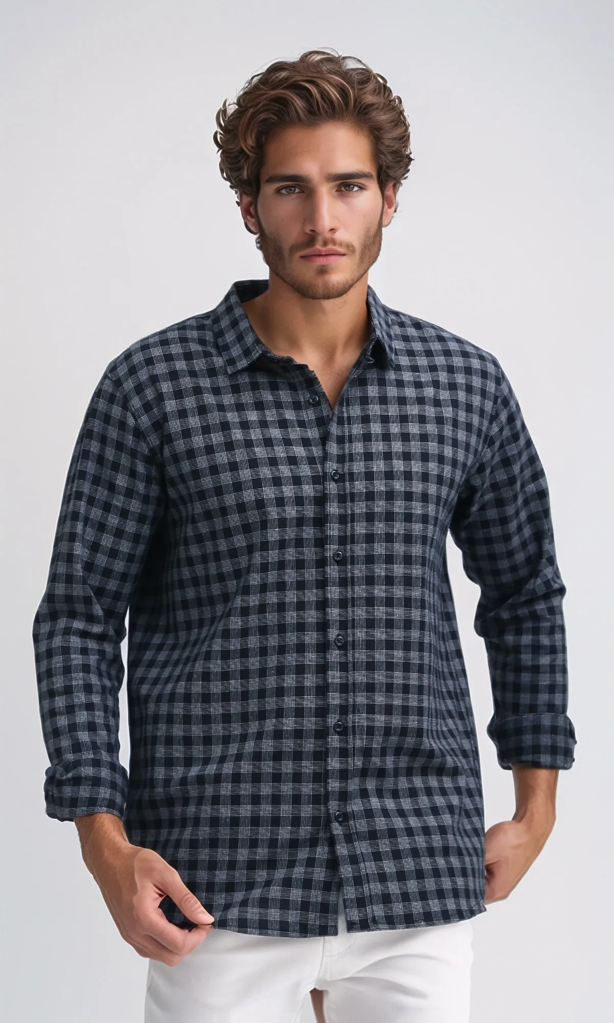 O192132 - Turn Down Collar Plaids Black & White Buttoned Shirt