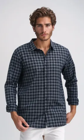 O192132 - Turn Down Collar Plaids Black & White Buttoned Shirt