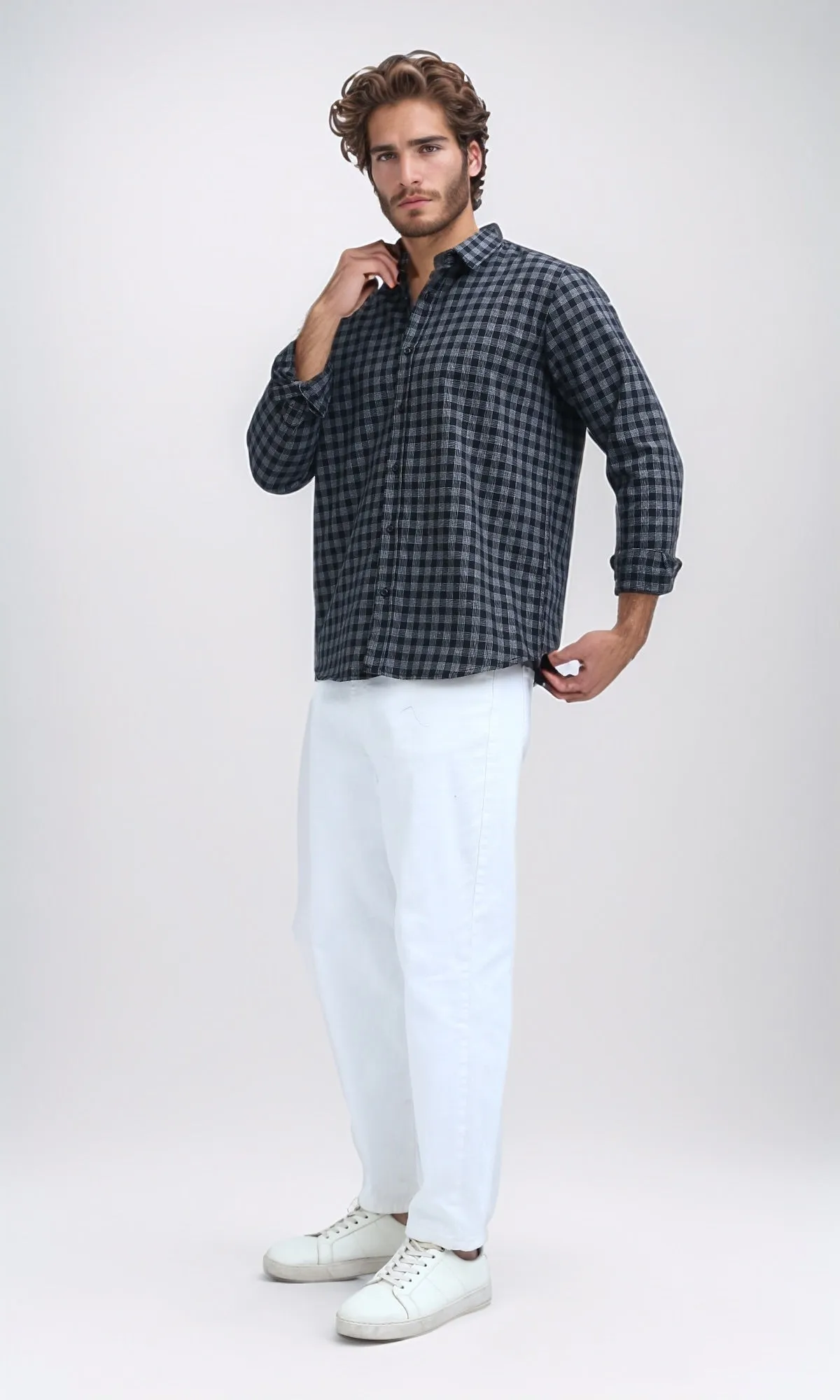 O192132 - Turn Down Collar Plaids Black & White Buttoned Shirt