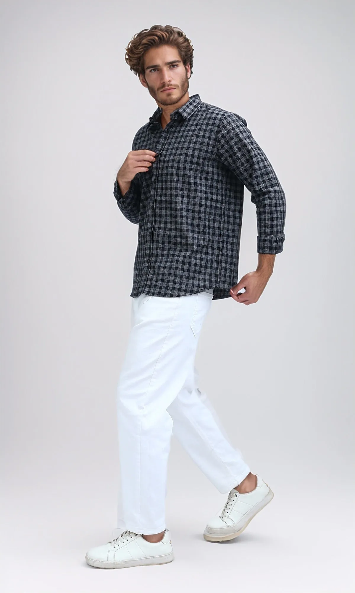O192132 - Turn Down Collar Plaids Black & White Buttoned Shirt