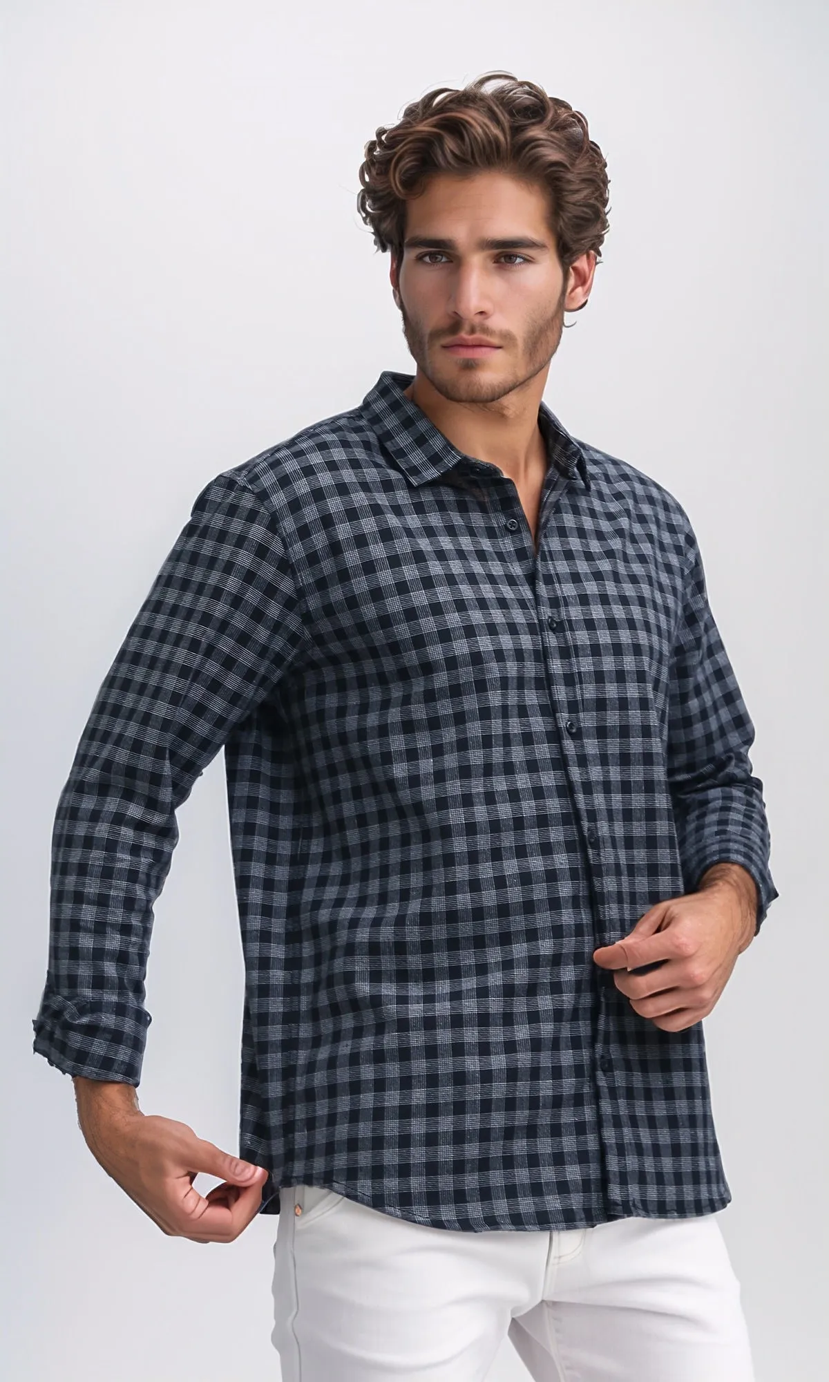 O192132 - Turn Down Collar Plaids Black & White Buttoned Shirt