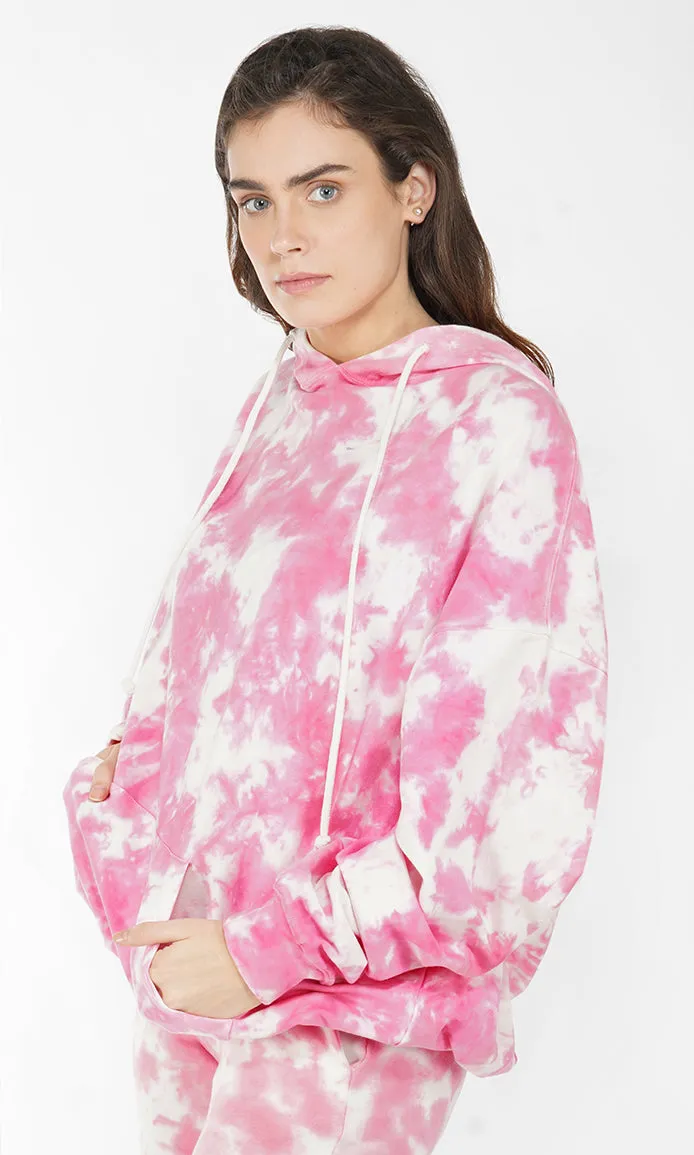Pink-White Tie & Dye Over-sized Hoodie