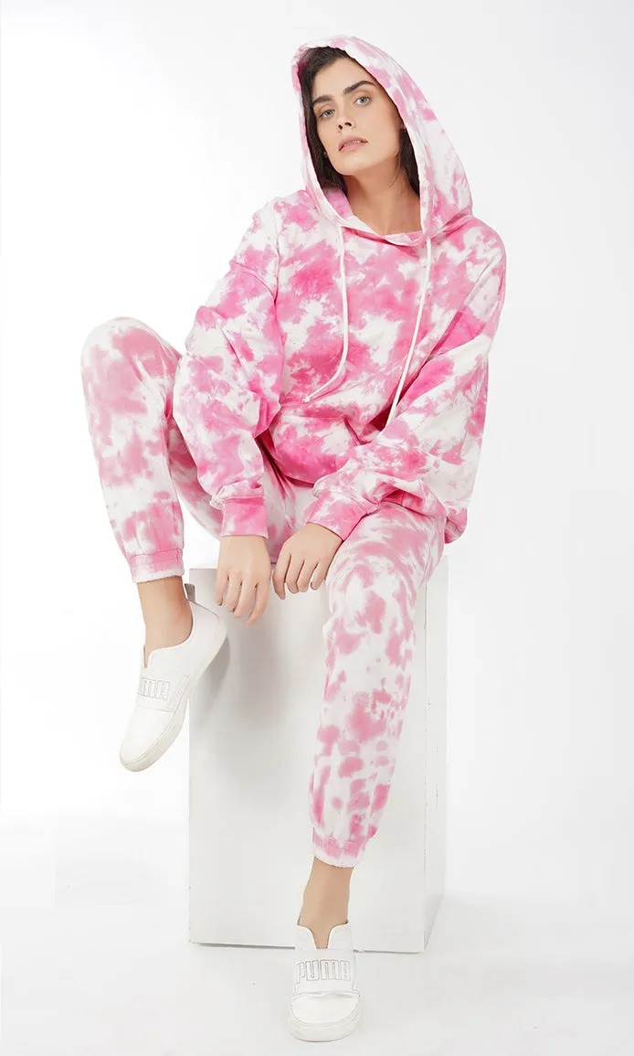 Pink-White Tie & Dye Over-sized Hoodie