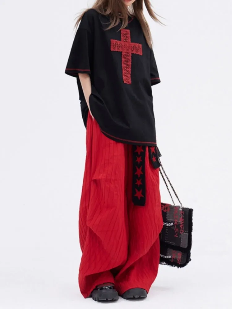 Red Loose Straight-Leg Casual Pants