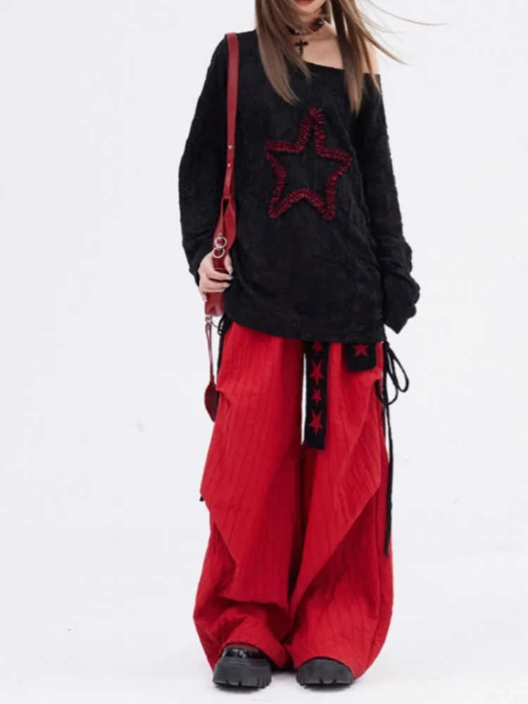 Red Loose Straight-Leg Casual Pants