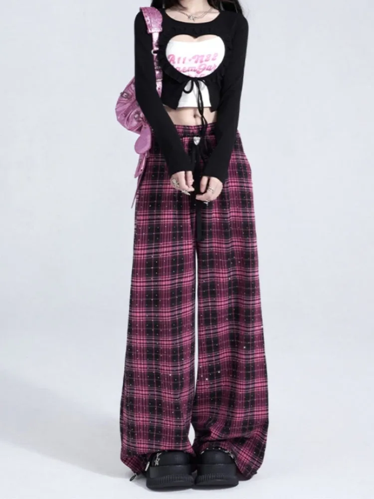 Red Plaid Straight-Leg Casual Pants