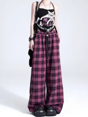 Red Plaid Straight-Leg Casual Pants