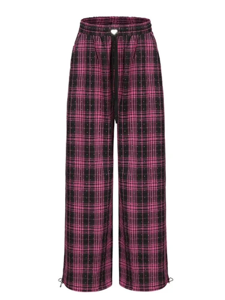 Red Plaid Straight-Leg Casual Pants