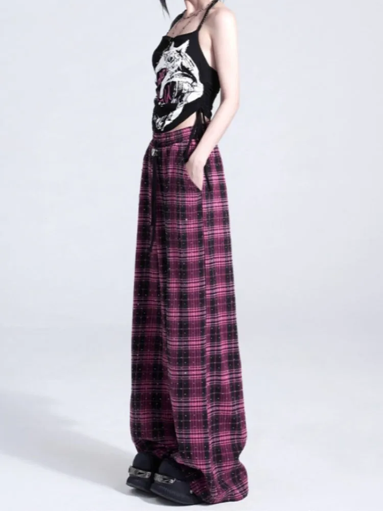 Red Plaid Straight-Leg Casual Pants