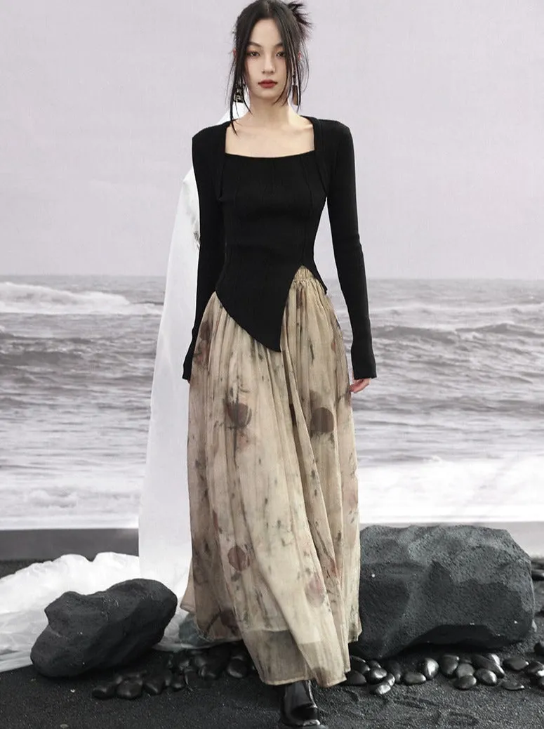 Retro Print Ink Flared Skirt