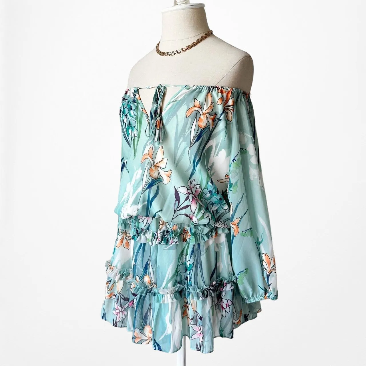 Revolve Yumi Kim Blue Floral Off The Shoulder Long Sleeve Mini Dress Size XS