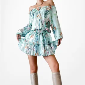 Revolve Yumi Kim Blue Floral Off The Shoulder Long Sleeve Mini Dress Size XS