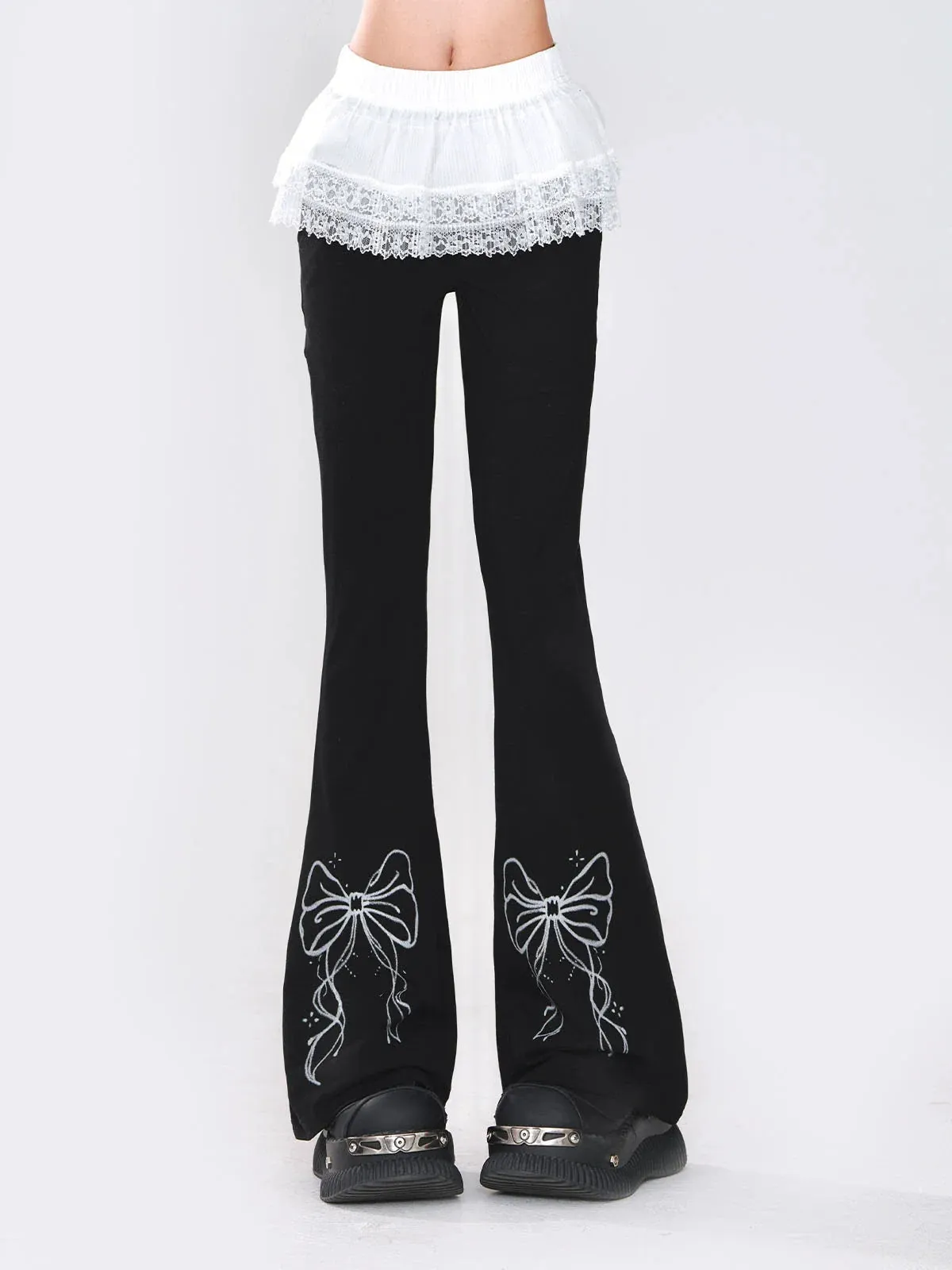 Ribbon Design Lace Pants Flared   Skirt