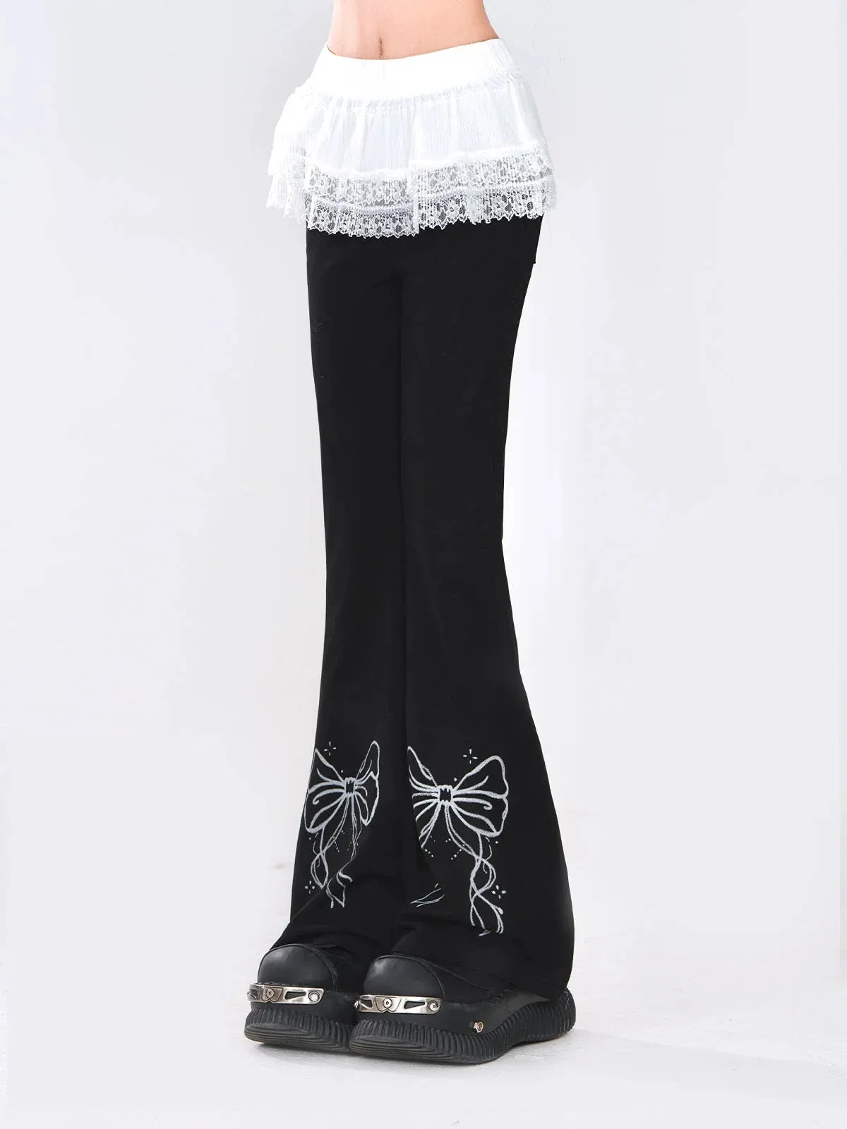 Ribbon Design Lace Pants Flared   Skirt